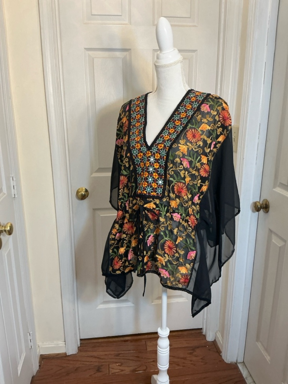 Boho Embroidered Sheer Kimono Top Floral Black Tie Front One Size